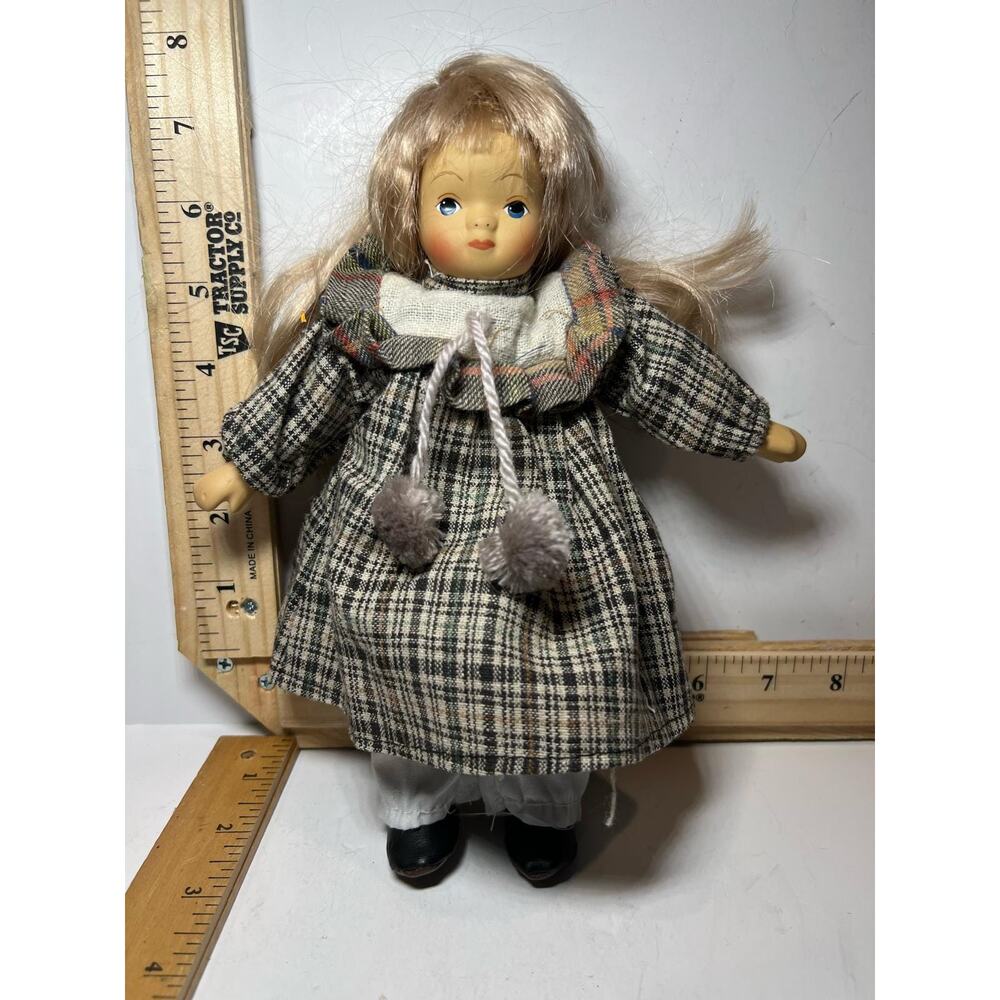 Vintage Plaid Dress Collectible Doll Blonde Hair Mini Display Figurine Gift